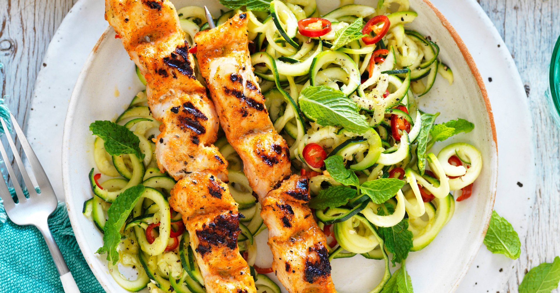 Tuscan chicken skewers with lemon, chilli and mint zoodles Recipe | myfoodbook