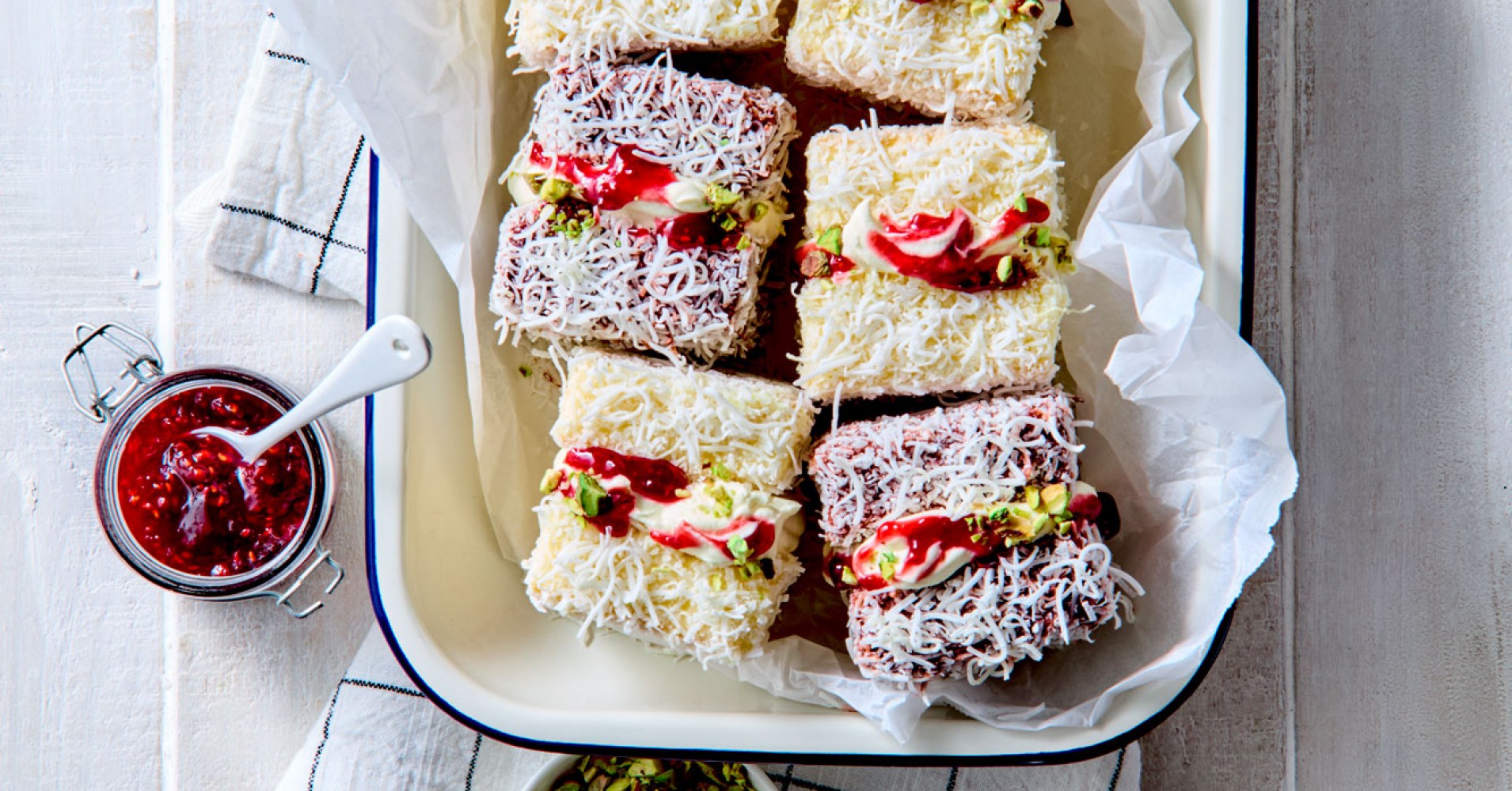 Lamingtons with Raspberries & Pistachios Recipe | myfoodbook