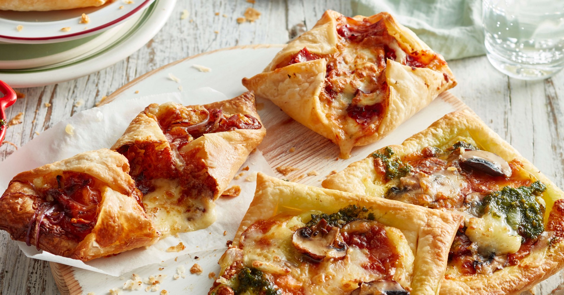 Cheesy Pizza Puffs Three Ways Recipe | myfoodbook | Puff pastry pizza