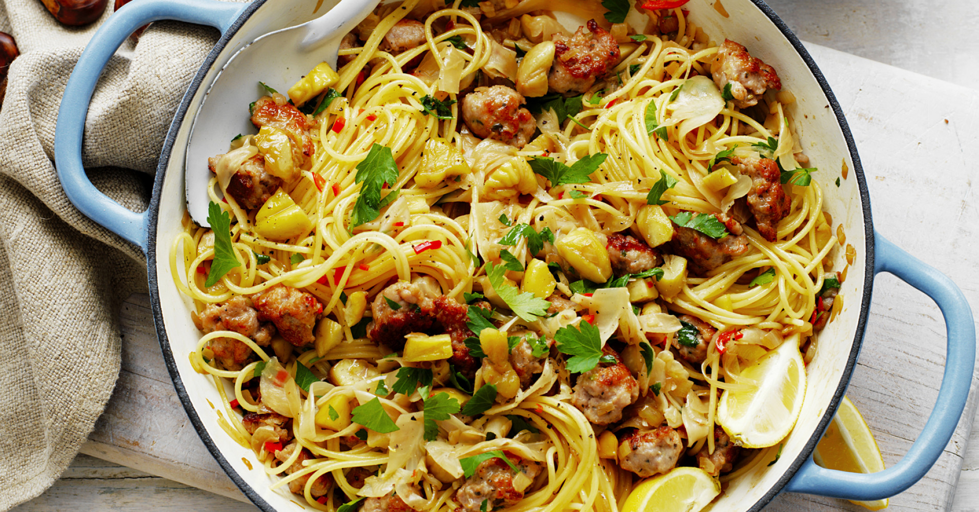 Chestnut, Italian Sausage and Fennel Spaghetti Recipe | myfoodbook | How to make chestnut pasta