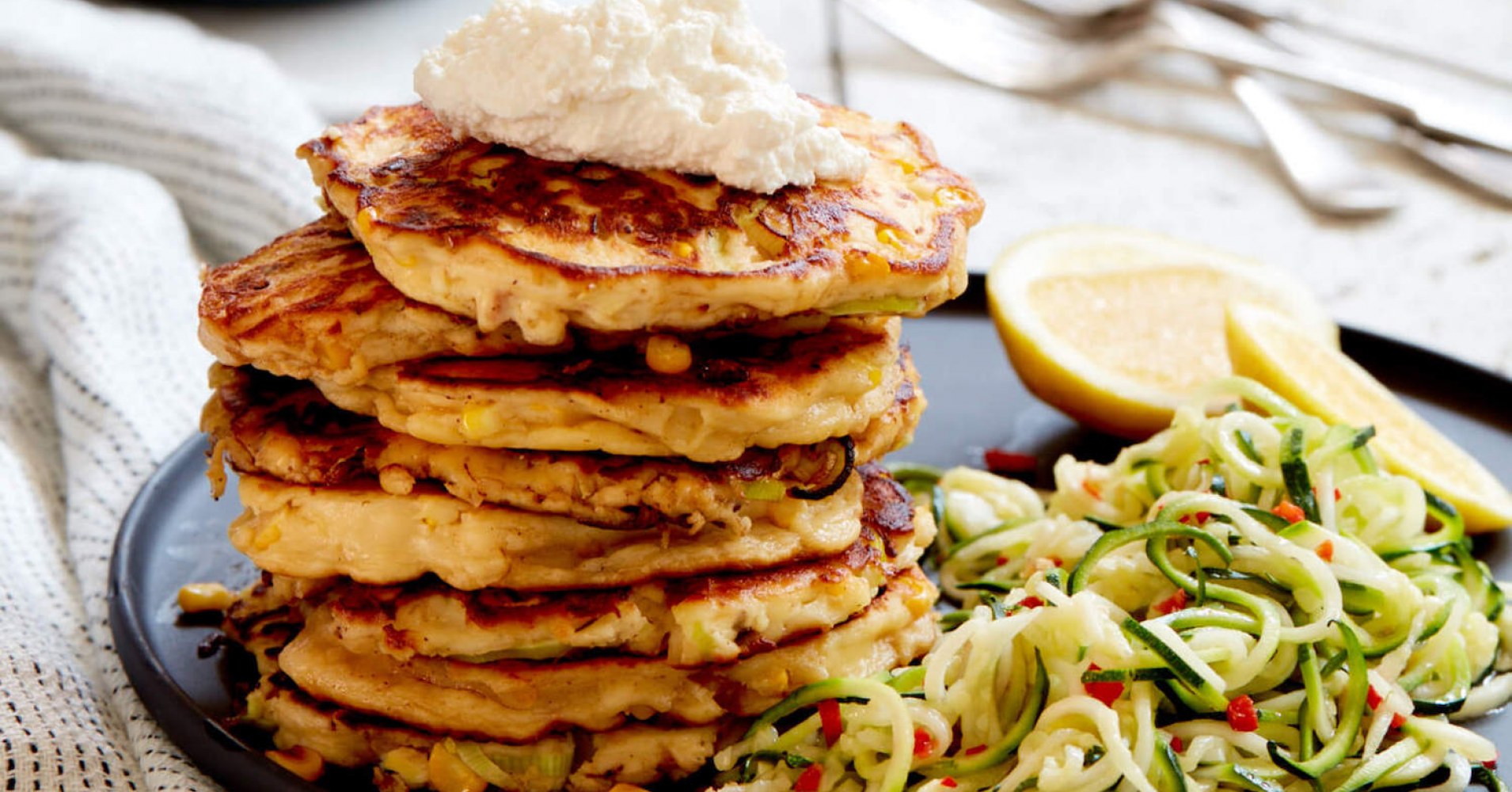 Ricotta, Leek and Corn Fritters with Zucchini Noodles Recipe | myfoodbook | How to make zucchini fri