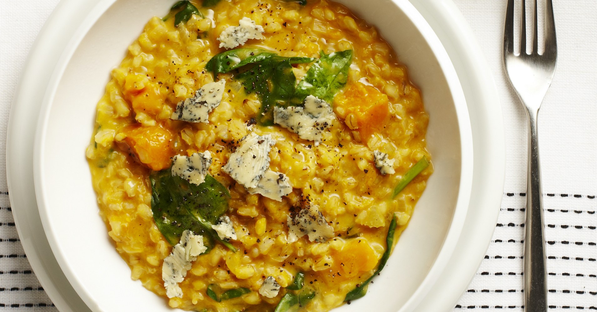 Pumpkin, Spinach and Blue Cheese Barley Risotto Recipe | myfoodbook