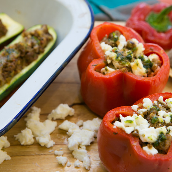 Capsicum and Zucchini Stuffed with Lamb and Herbs Recipe Idea from Gourmet Garden