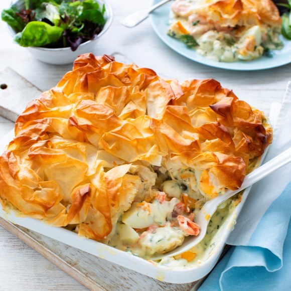 Creamy Fish Pie With Salmon, Egg and Filo Pastry