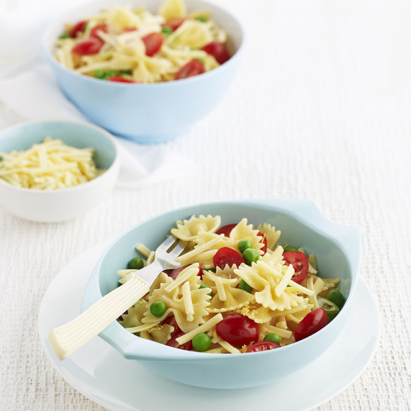 Kids dinner Pasta Bows with Peas and Cherry Tomatoes