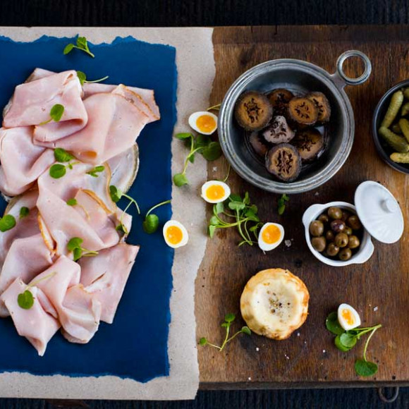 Ham and Baked Ricotta Platter with Quail Eggs and Pickled Walnuts