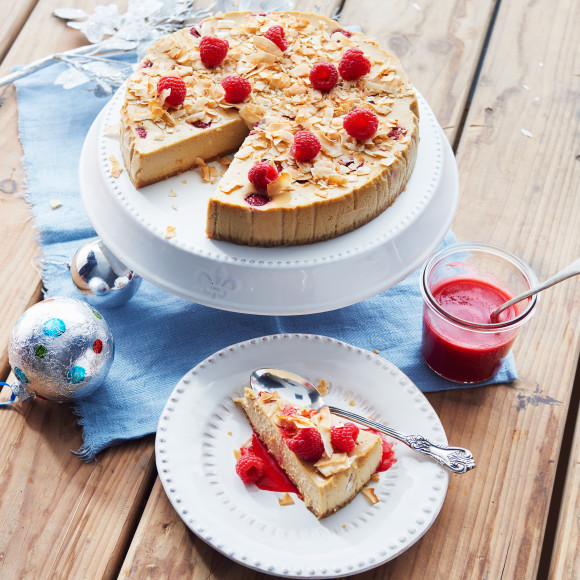 Baked Coconut and Raspberry Cheesecake