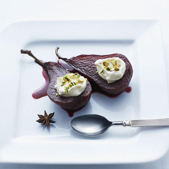 Red Wine Poached Pears with Orange and Pistachio Cream