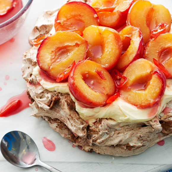 Chocolate Pavlova with Chilli Plums