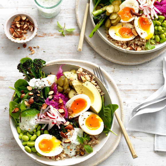 Green goodness bowl with eggs and fermented vegetables