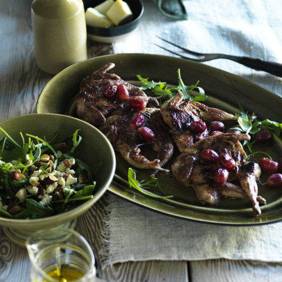 Grilled Butterflied Quail with Red Grapes and Rocket, Feta and Almond Salad