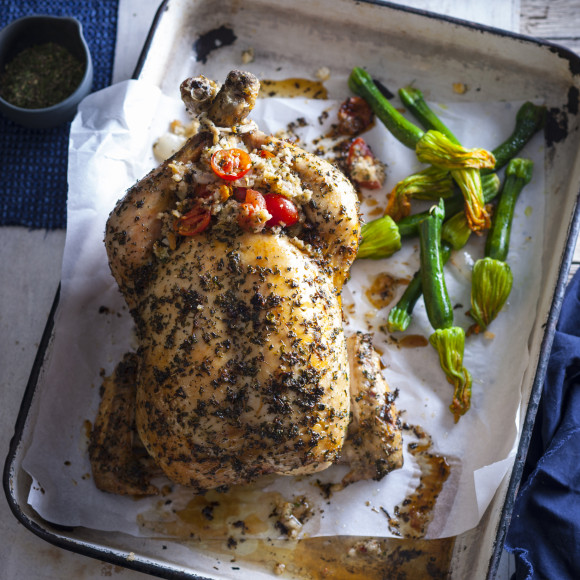 Roast Chicken with Herb Rub, Onion and Cherry Tomato Stuffing 