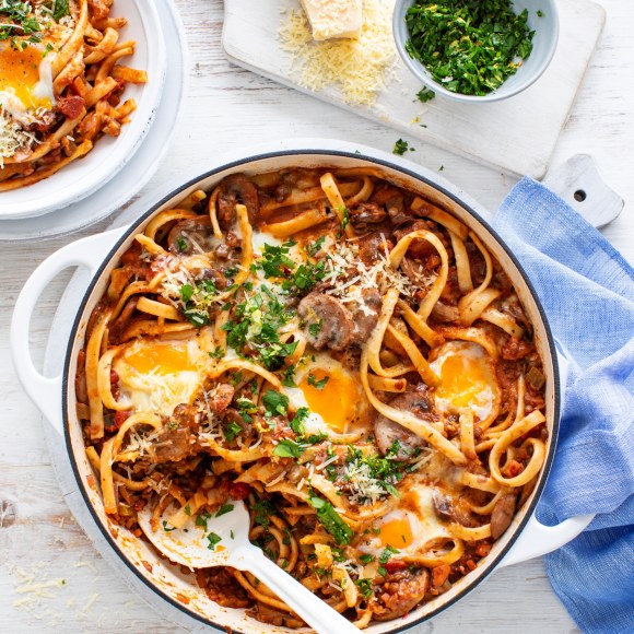 Mushroom Lentil Pasta Ragu with Eggs