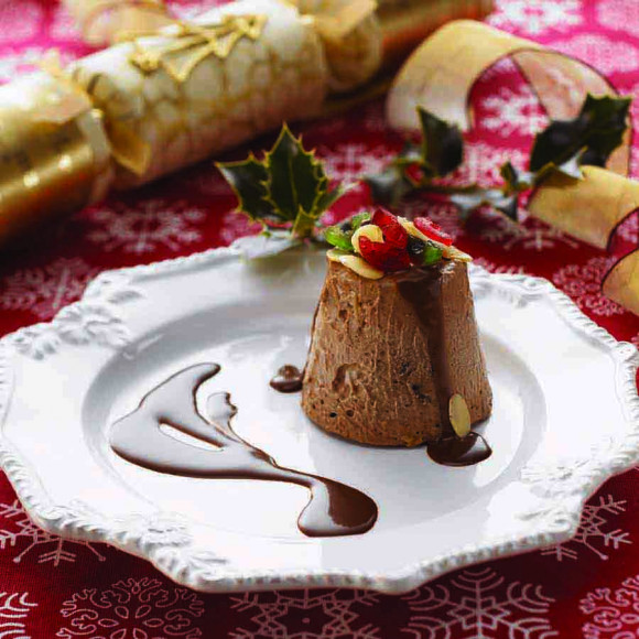 Frozen Christmas Pudding with Chocolate Sauce