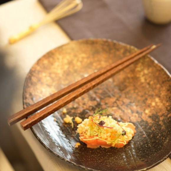 Dilmah Peach Tea, orange-cured ocean trout slice, mascarpone, macadamia nut, sesame crumble, olive jam