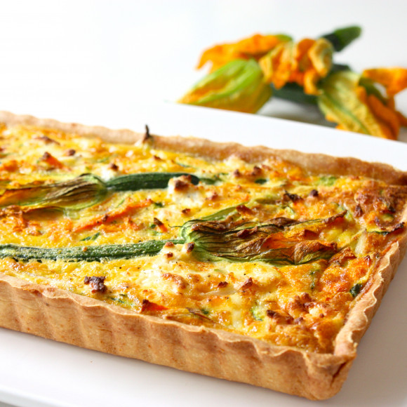 Summer Vegetable & Goats Cheese Tart with Zucchini Flowers