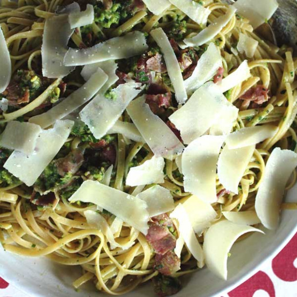 Pasta with pancetta, and Broad bean pistachio and rosemary pesto
