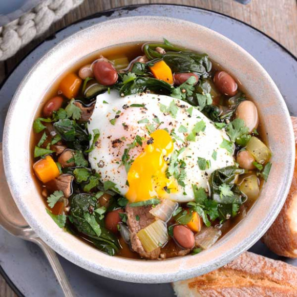 Beef, Mixed Bean and Spinach Soup with Poached Egg