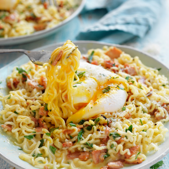 Cheat's pasta carbonara made with 2-minute noodles and a poached egg