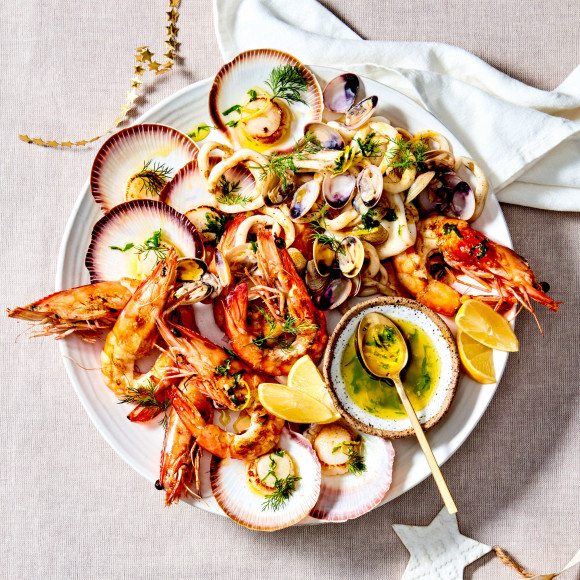 Christmas Seafood platter with herb and garlic butter