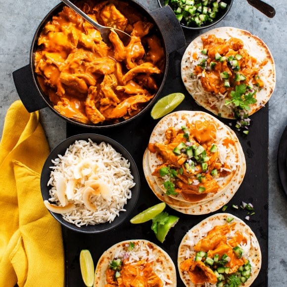Slow Cooker Butter Chicken Naan Tacos