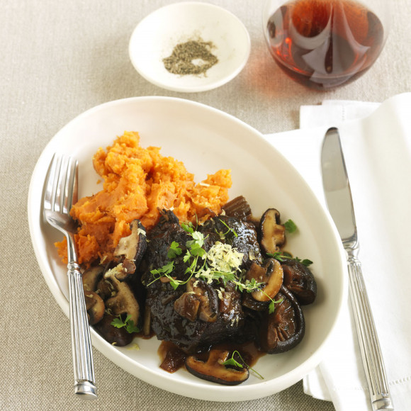 Soy-braised beef cheeks with Sweet Potato Mash