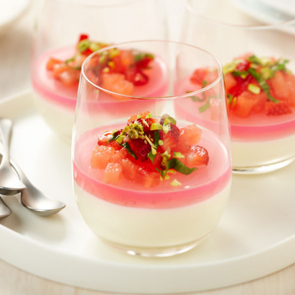 Milk Pudding and fruit dessert recipe in a glass