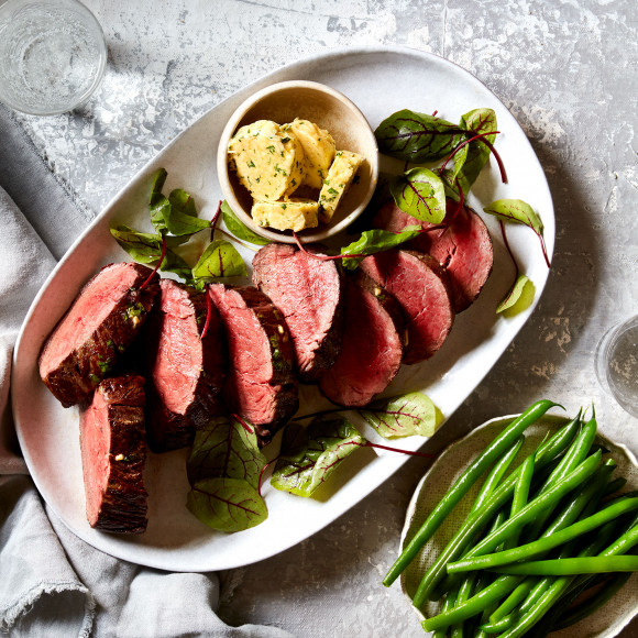 Whole Roasted Eye Fillet With Mustard Parsley And Garlic Butter Recipe Myfoodbook