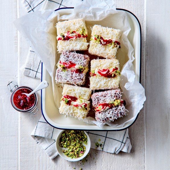 Lamingtons with Raspberries & Pistachios