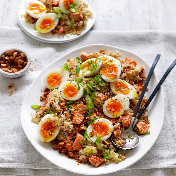 Brown rice salad with canned salmon and eggs