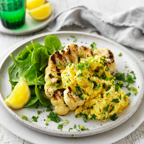 Cauliflower steaks with scrambled eggs low-carb dinner recipe