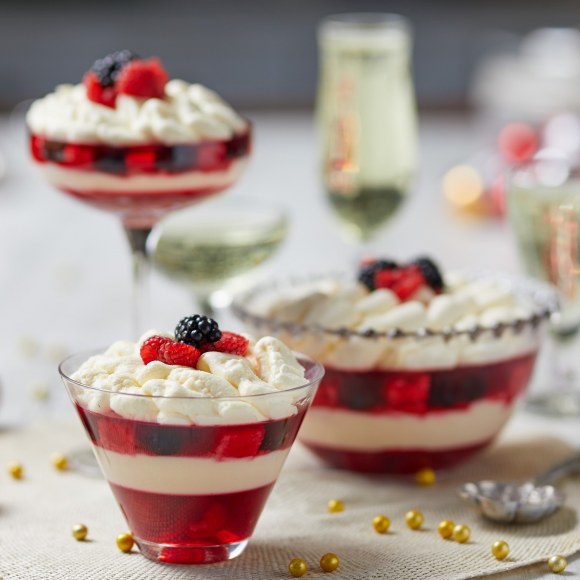 Christmas Trifle in cups topped with mixed berries