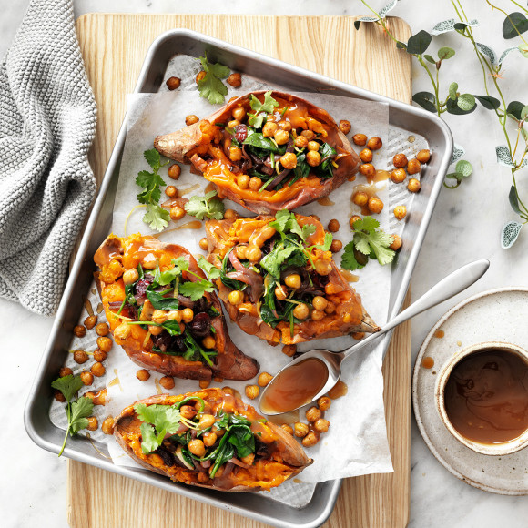 Easy vegan baked sweet potato is packed full of plant-based high protein toppings.  