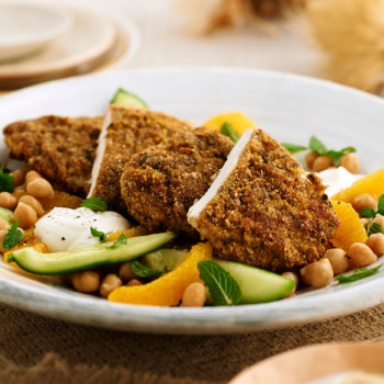 Falafel Chicken with Cucumber Chickpea and Orange Salad
