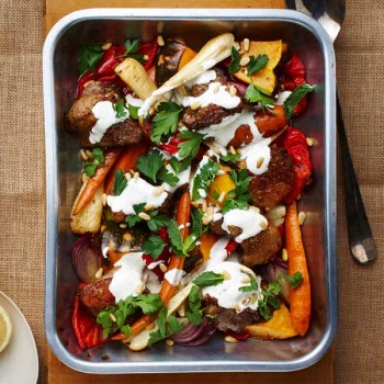 Spiced Lamb and Winter Vegetable Tray Bake with Yogurt, Pine Nuts and Herbs