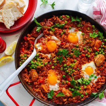 Baked chicken and chorizo paella with eggs