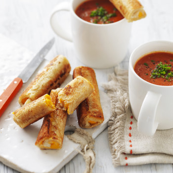 Creamy Tomato Soup recipe with Grilled Cheese Bread Roll Ups