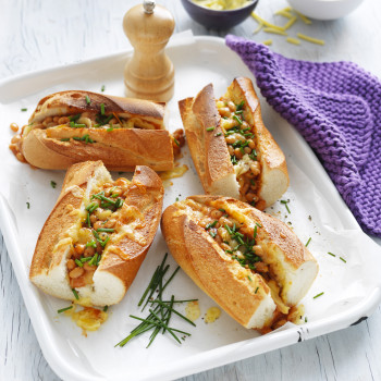 Crunchy Garlicky Long Baguettes, Topped with Baked Beans and Melted Cheese