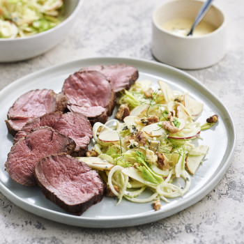 Roast Eye Fillet with Shaved Celery, Apple and Fennel Salad and Blue Cheese Dressing Recipe