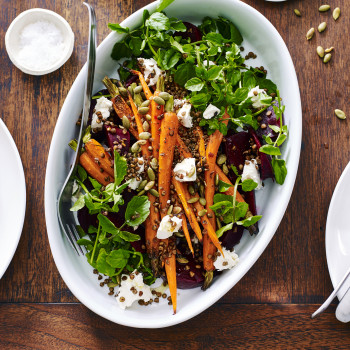 Roast Carrot and Beetroot Salad with Crisp Lentils