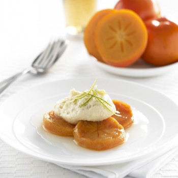 Lime poached persimmons with white chocolate mousse