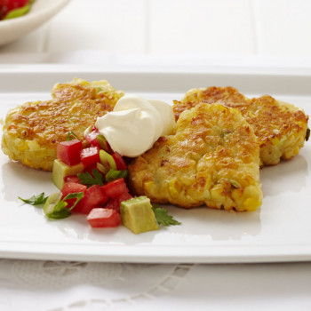 Love Heart Corn and Cheddar Fritters with Tomato Salsa with Sour Cream