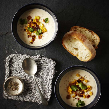 Hot Yogurt Soup with Corn, Bacon and Coriander