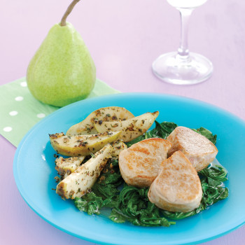 Pan Fried Pears, Pork Medallions and Wokked Spinach