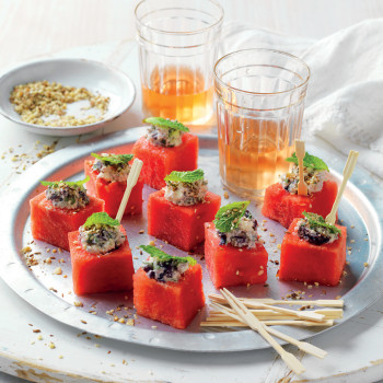 Watermelon cubes with feta, olives and mint 