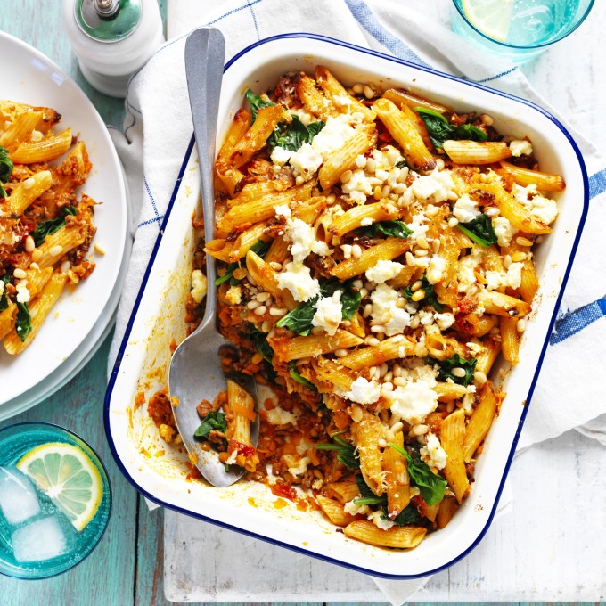 Sweet Potato Pasta Bake with Spinach and Pine Nuts Recipe | myfoodbook
