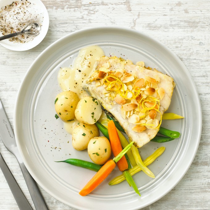 Oven Baked Almond Crusted Barramundi Served With Vegetables Recipe Myfoodbook