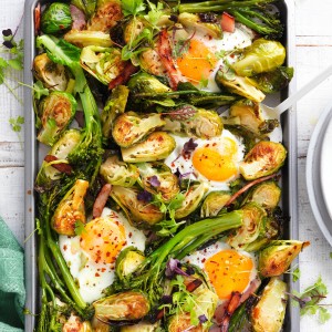 brussels sprouts, egg and bacon tray bake recipe