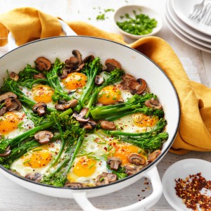 Eggs, mushrooms, herbs and broccolini vegetarian dinner recipe