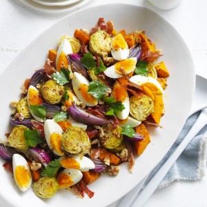 Roasted Pumpkin, Brussels Sprouts and Prosciutto with Egg